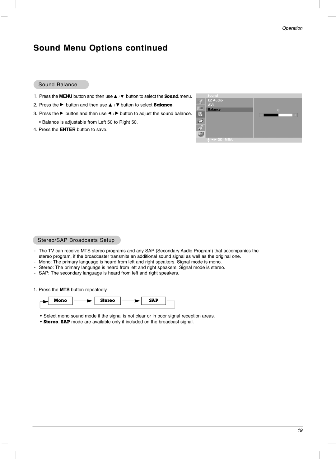 LG Electronics 23LX2R Sound Menu Options, Sound Balance, Stereo/SAP Broadcasts Setup, Press the MTS button repeatedly 