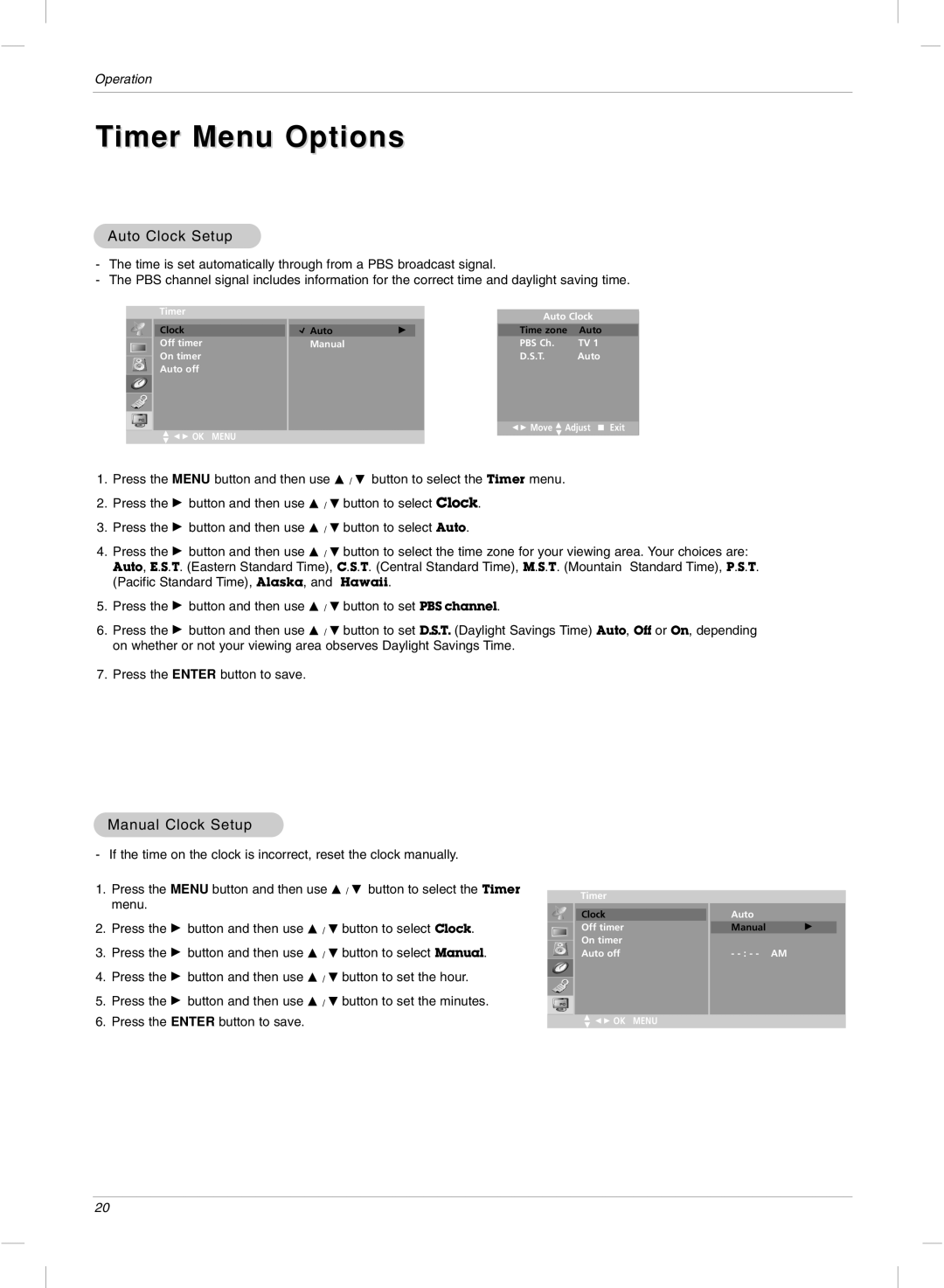 LG Electronics 23LX2R owner manual Timer Menu Options, Auto Clock Setup, Manual Clock Setup 