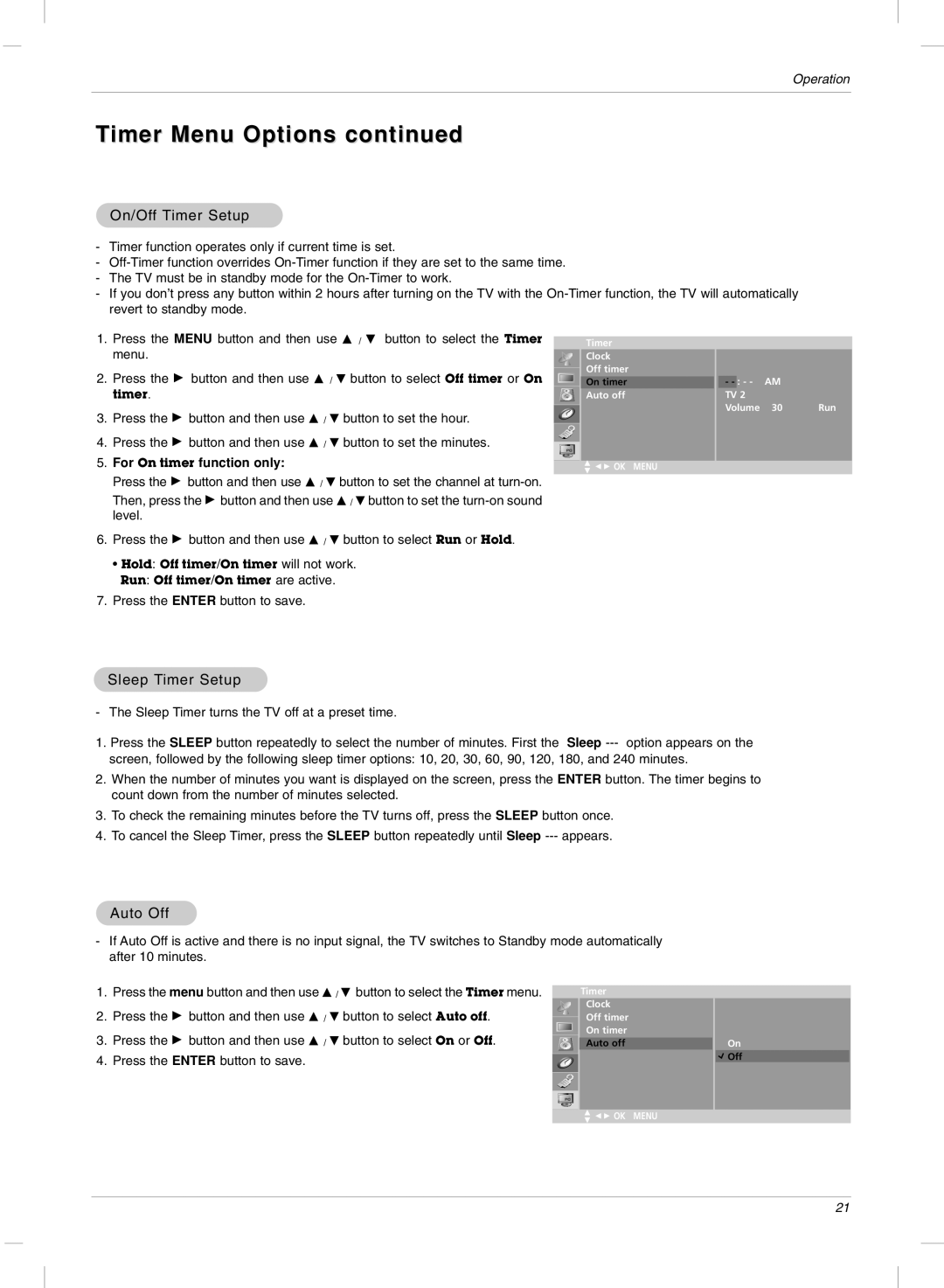 LG Electronics 23LX2R Timer Menu Options, On/Off Timer Setup, Sleep Timer Setup, Auto Off, For On timer function only 