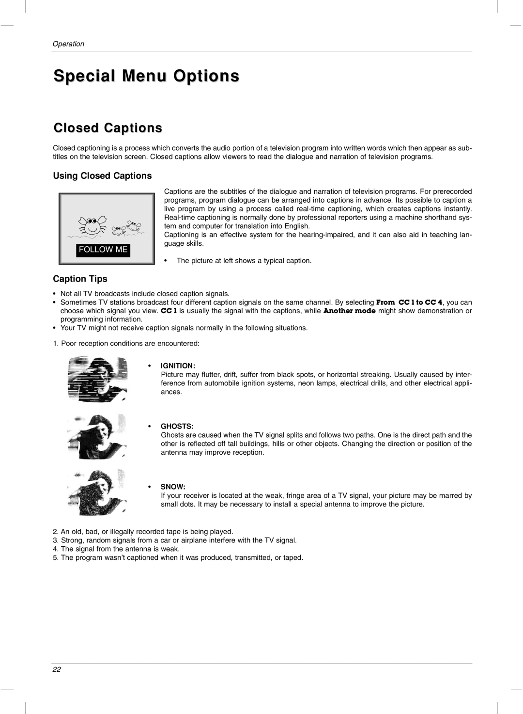 LG Electronics 23LX2R owner manual Special Menu Options, Using Closed Captions, Caption Tips 