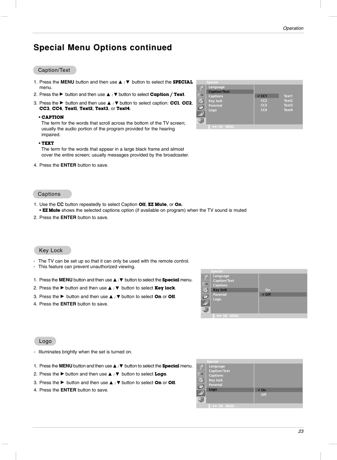 LG Electronics 23LX2R owner manual Special Menu Options, Caption/Text, Captions, Key Lock, Logo 