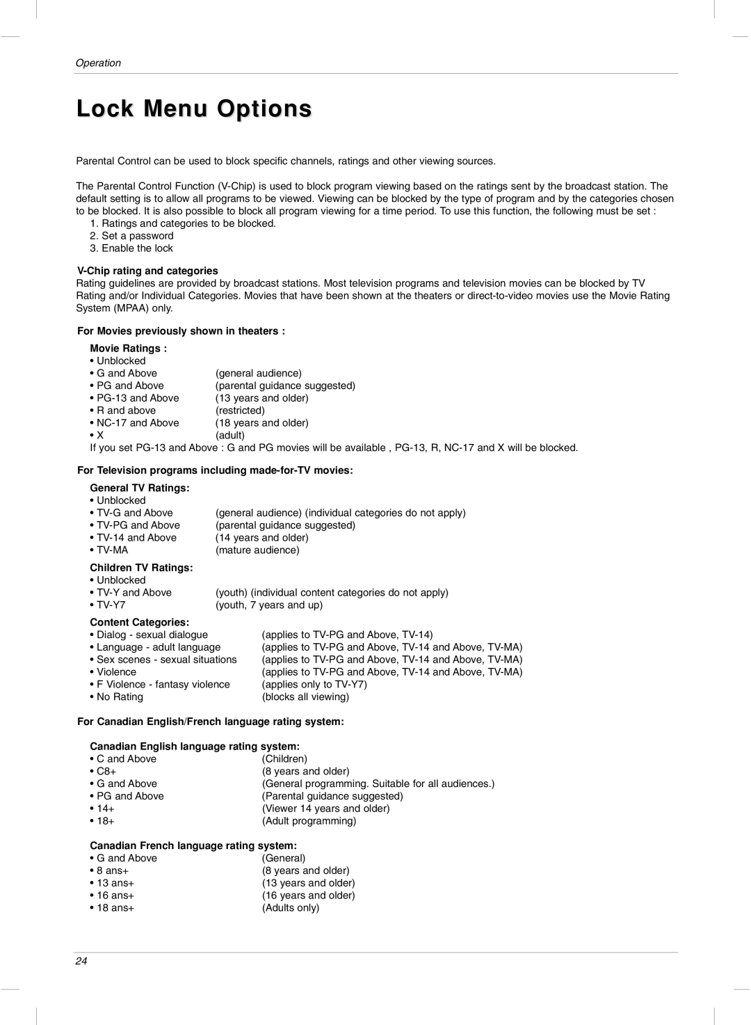 LG Electronics 23LX2R owner manual Lock Menu Options 