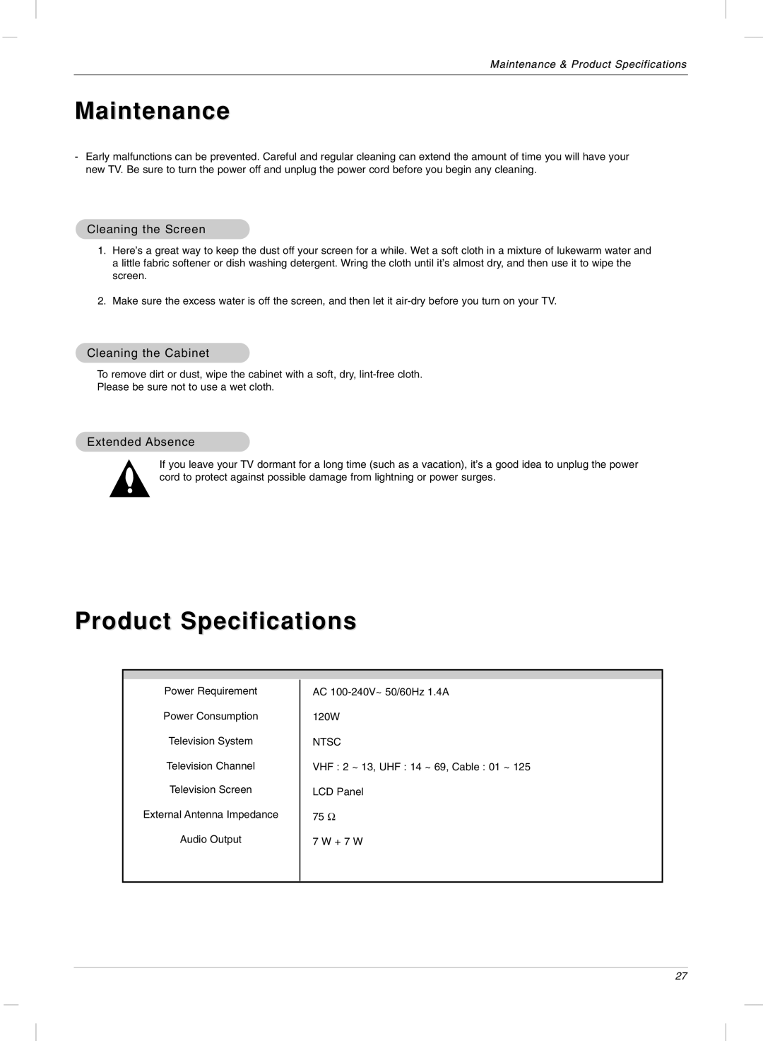 LG Electronics 23LX2R Maintenance, Product Specifications, Cleaning the Screen, Cleaning the Cabinet, Extended Absence 