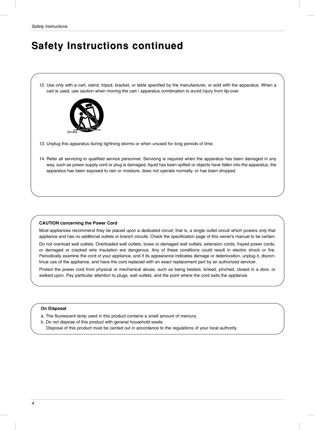 LG Electronics 23LX2R owner manual Safety Instructions, On Disposal 