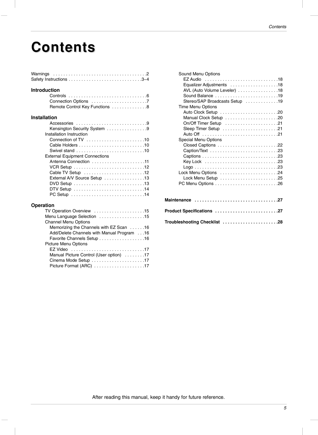 LG Electronics 23LX2R owner manual Contents 