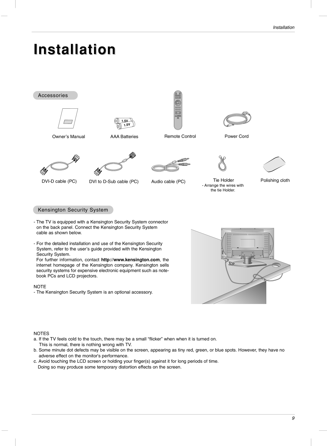 LG Electronics 23LX2R owner manual Installation, Accessories, Kensington Security System 