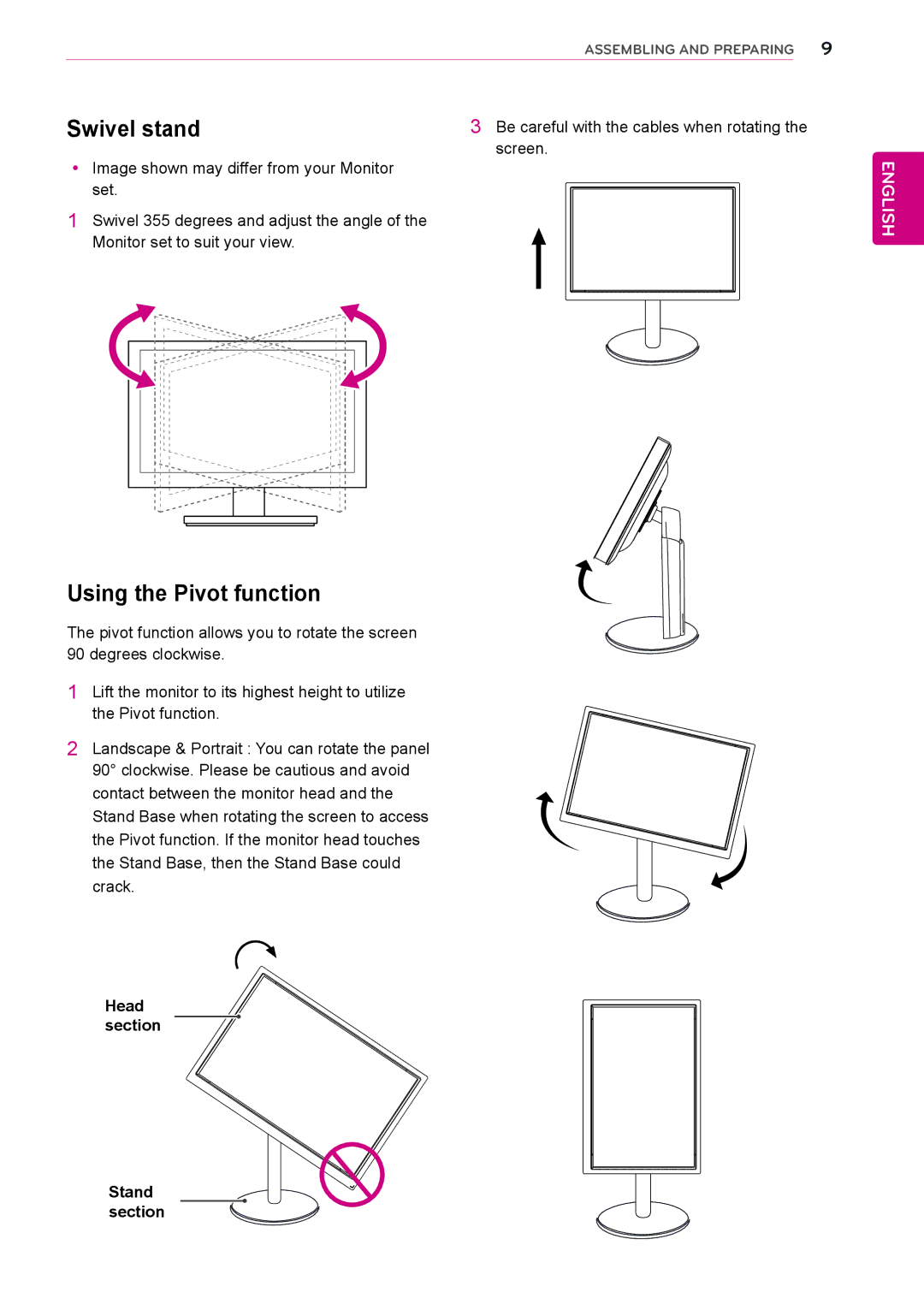 LG Electronics 22MB35PM, 23MB35PM, 19MB35PM owner manual Swivel stand, Using the Pivot function, Head section Stand section 