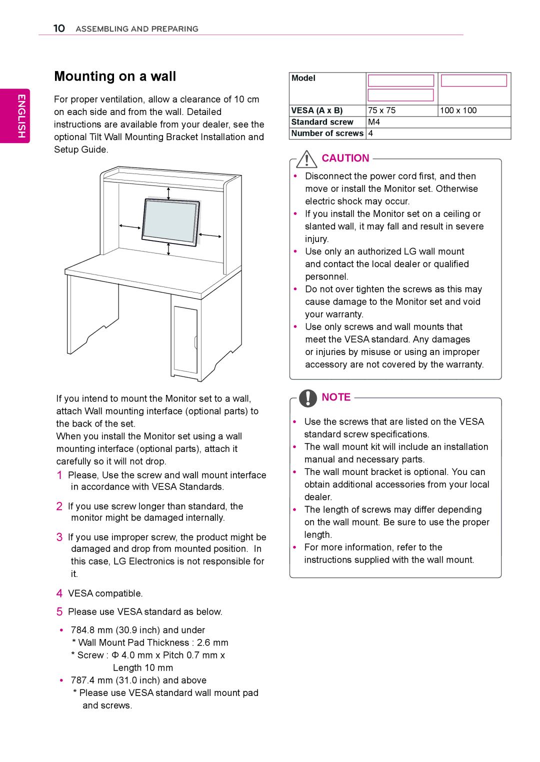 LG Electronics 19MB35PM, 23MB35PM Mounting on a wall, Model, Vesa a x B 75 x 100 x Standard screw Number of screws 