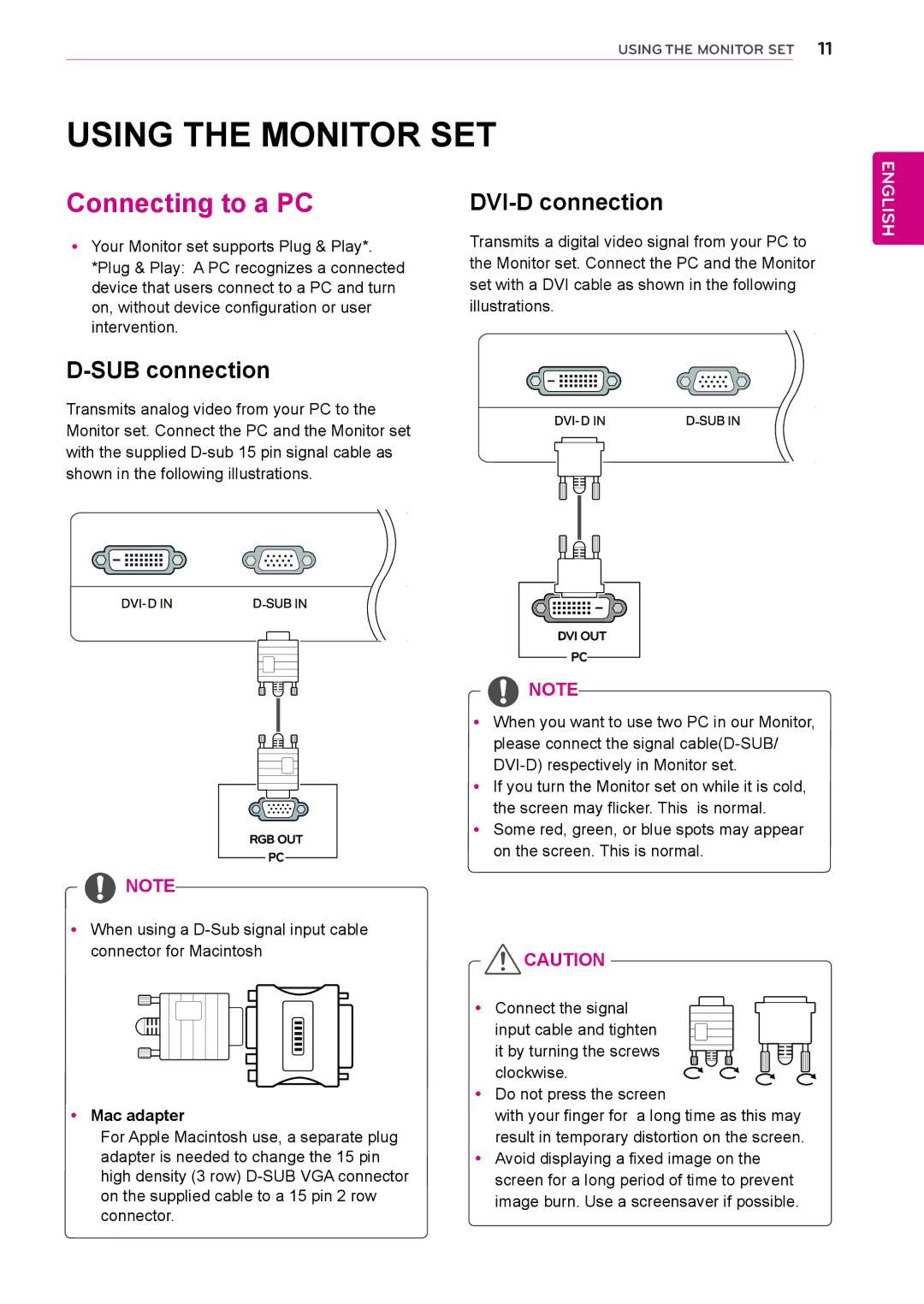 LG Electronics 23MB35PM Using the Monitor SET, Connecting to a PC, SUB connection, DVI-D connection, YMac adapter 