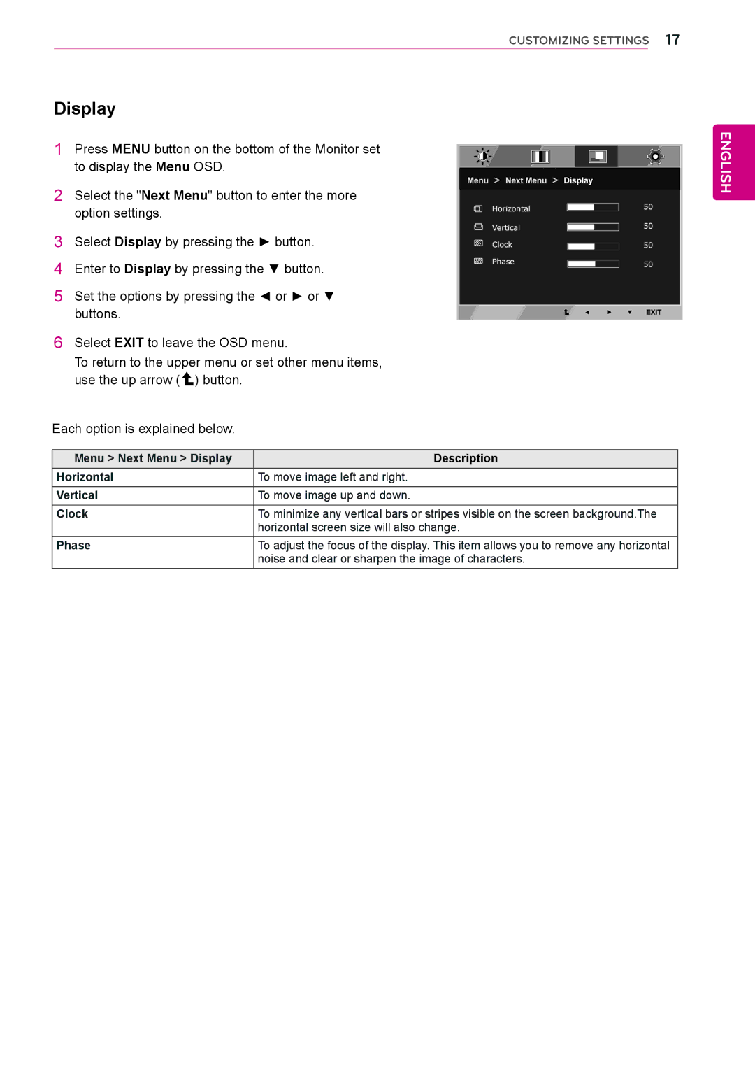 LG Electronics 23MB35PM, 22MB35PM, 19MB35PM owner manual Display, Noise and clear or sharpen the image of characters 