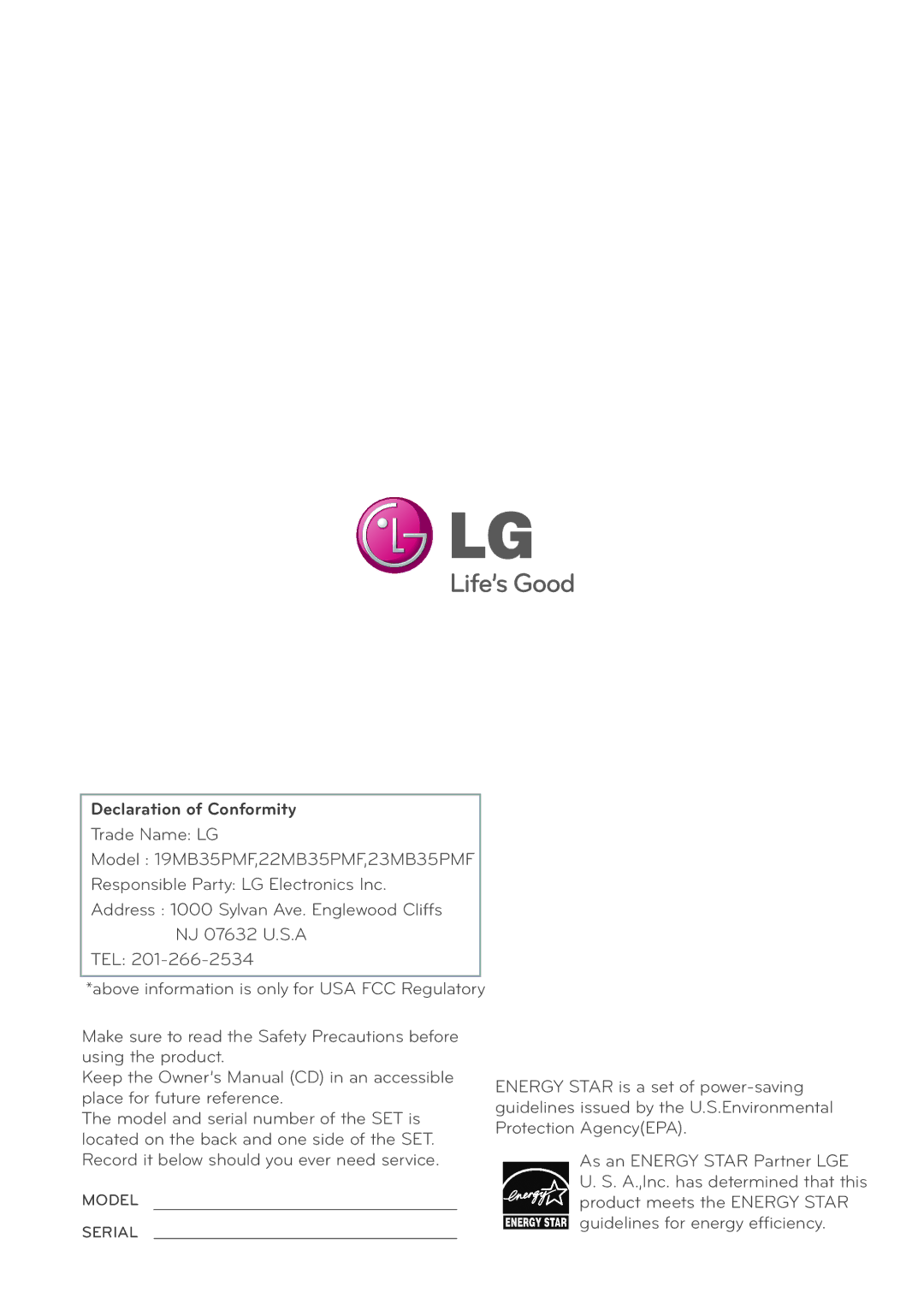 LG Electronics 19MB35PM, 23MB35PM, 22MB35PM owner manual Declaration of Conformity 