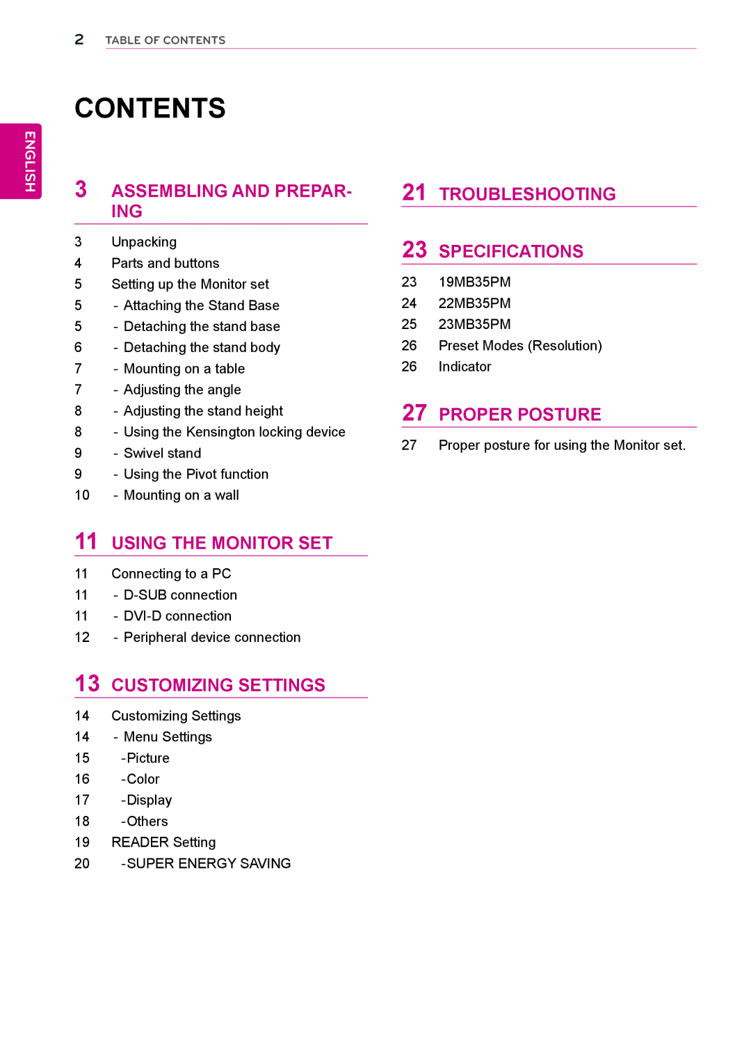 LG Electronics 23MB35PM, 22MB35PM, 19MB35PM owner manual Contents 