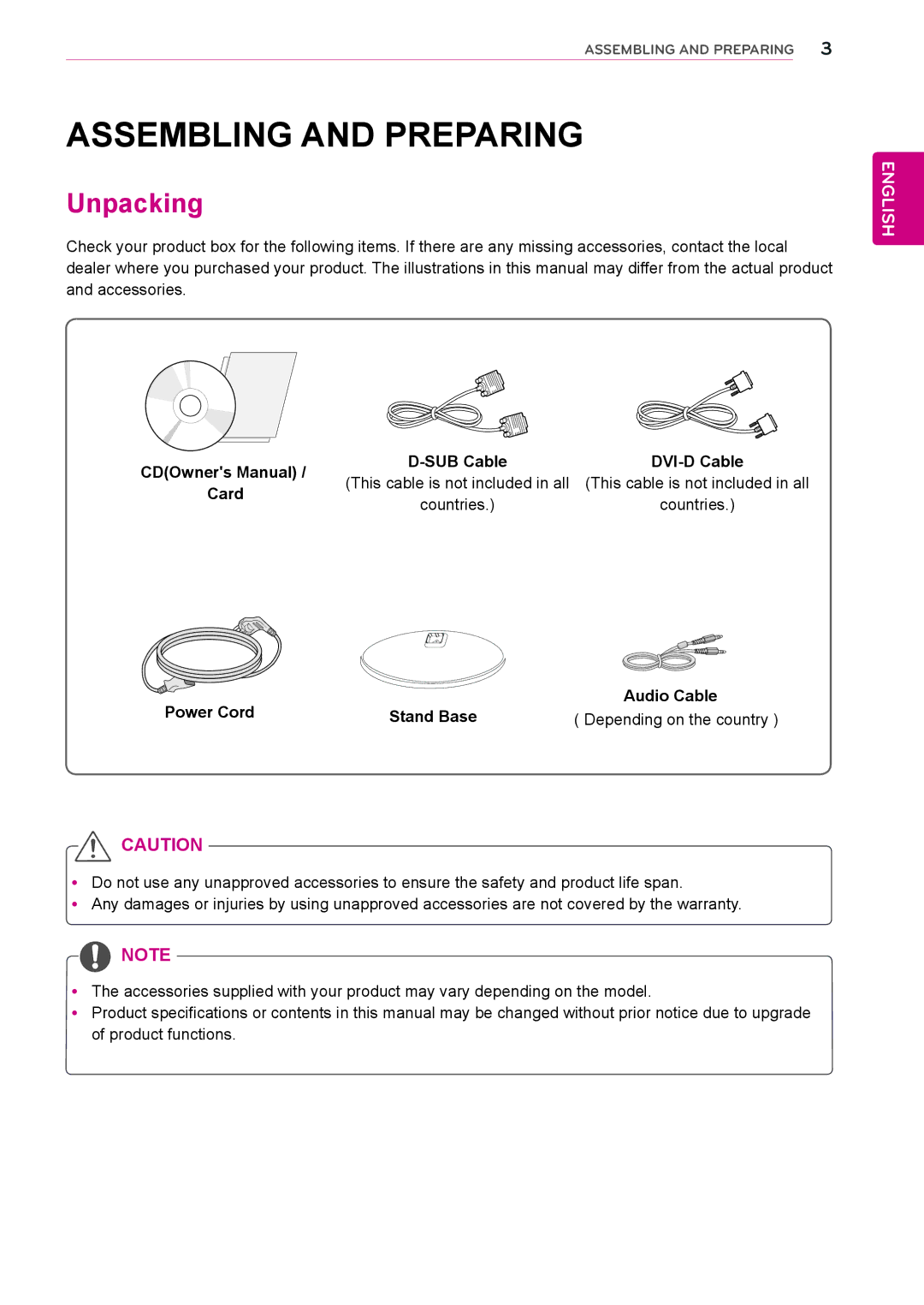 LG Electronics 22MB35PM, 23MB35PM, 19MB35PM owner manual Assembling and Preparing, Unpacking, SUB Cable DVI-D Cable, Card 