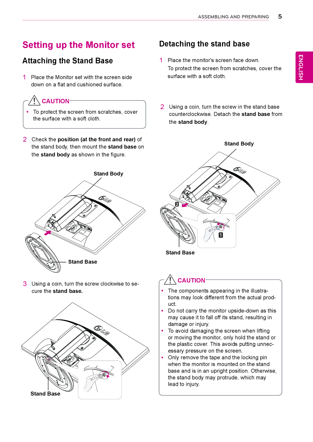 LG Electronics 23MB35PM, 22MB35PM, 19MB35PM Setting up the Monitor set, Attaching the Stand Base, Detaching the stand base 