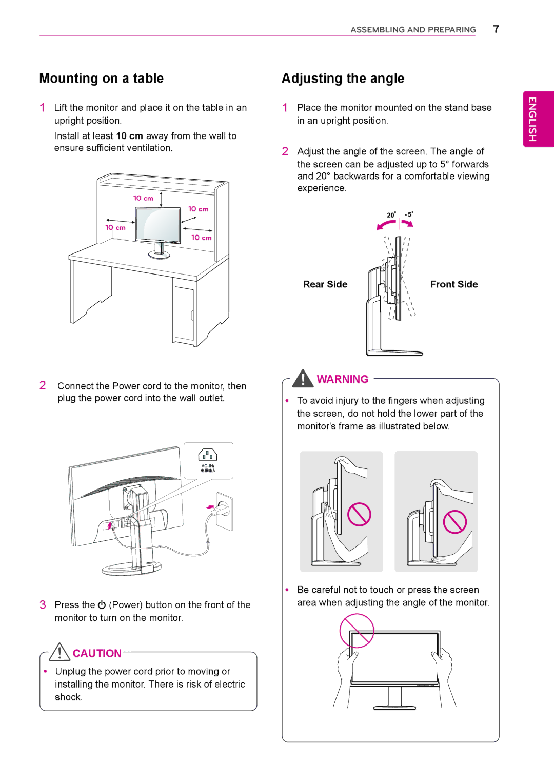 LG Electronics 19MB35PM, 23MB35PM, 22MB35PM owner manual Mounting on a table, Adjusting the angle, Rear Side Front Side 