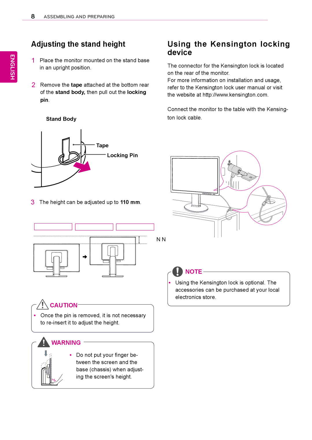 LG Electronics 23MB35PM Adjusting the stand height, Using the Kensington locking device, Stand Body Tape Locking Pin 