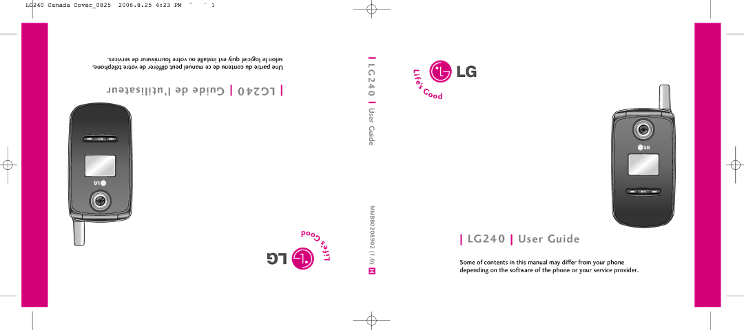 LG Electronics manual LG240 User Guide, LG240 Canada Cover0825 2006.8.25 423 PM ˘`1 