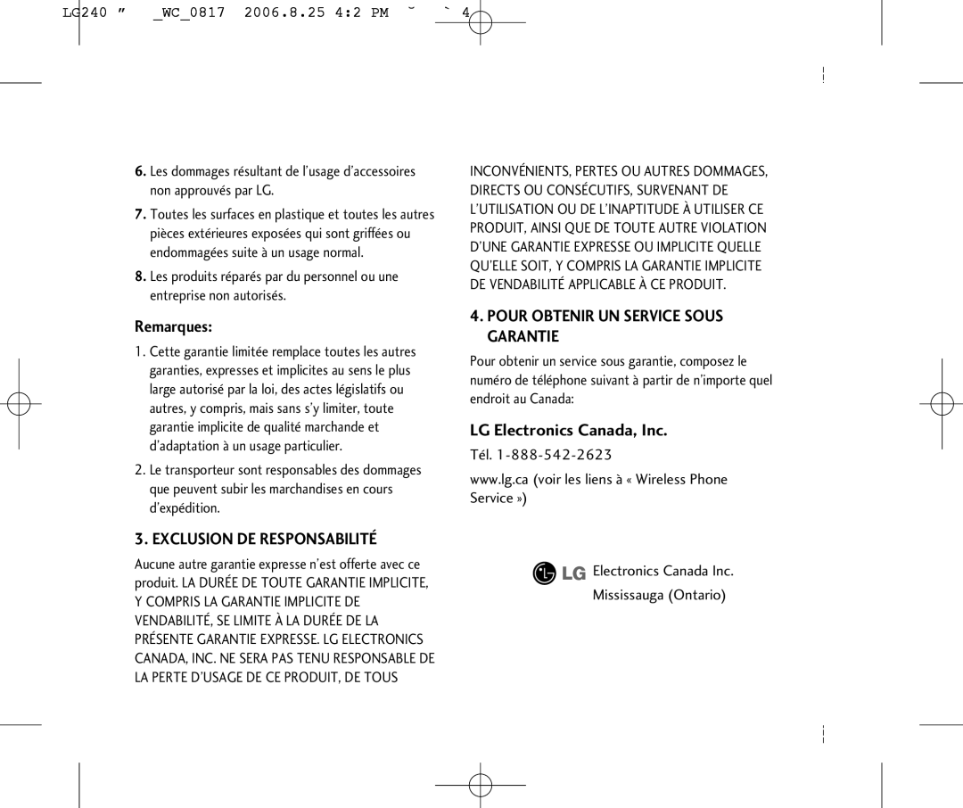 LG Electronics manual LG240 WC0817 2006.8.25 42 PM ˘`4, Tél Electronics Canada Inc Mississauga Ontario 