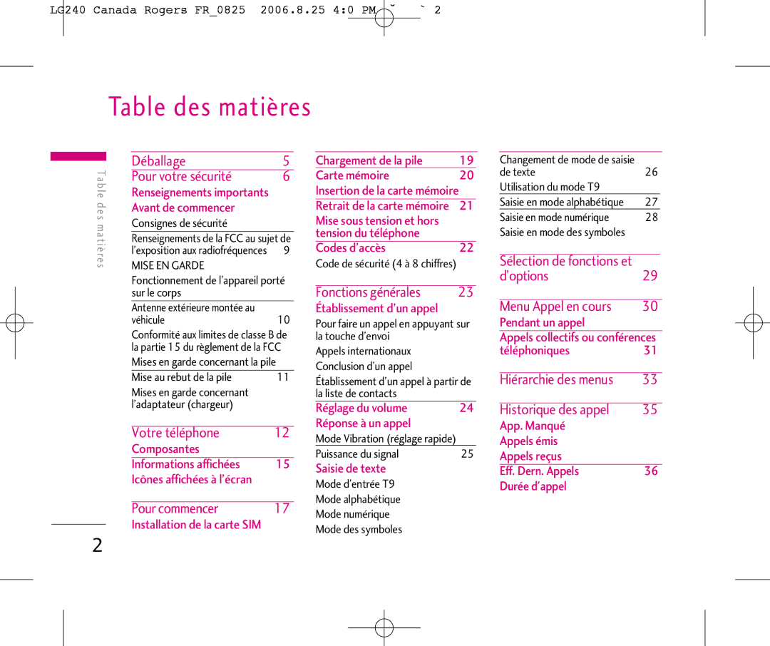 LG Electronics manual Table des matières, LG240 Canada Rogers FR0825 2006.8.25 40 PM ˘`2 