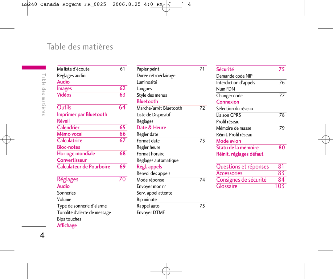 LG Electronics manual Table des matières, LG240 Canada Rogers FR0825 2006.8.25 40 PM ˘`4 