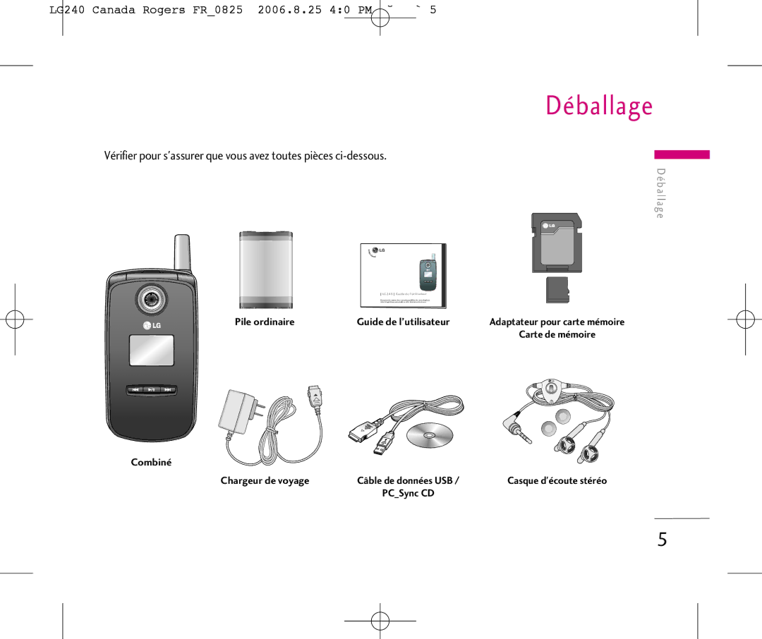 LG Electronics manual Déballage, LG240 Canada Rogers FR0825 2006.8.25 40 PM ˘`5 