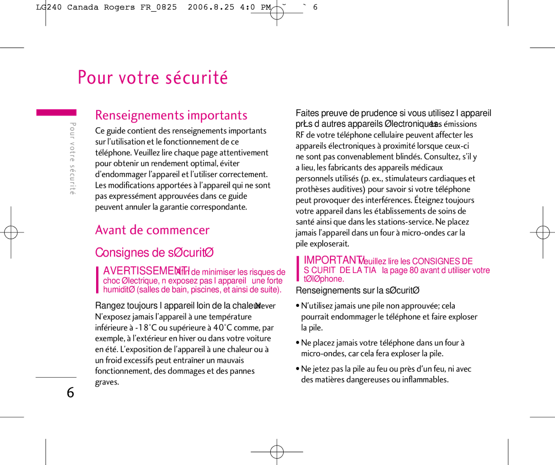 LG Electronics 240 manual Pour votre sécurité, Renseignements importants, Avant de commencer, Consignes de sécurité 