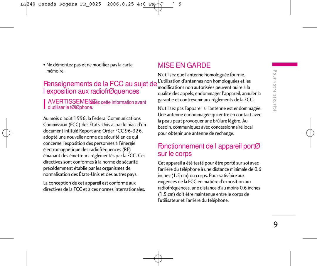 LG Electronics manual Fonctionnement de l’appareil porté sur le corps, LG240 Canada Rogers FR0825 2006.8.25 40 PM ˘`9 