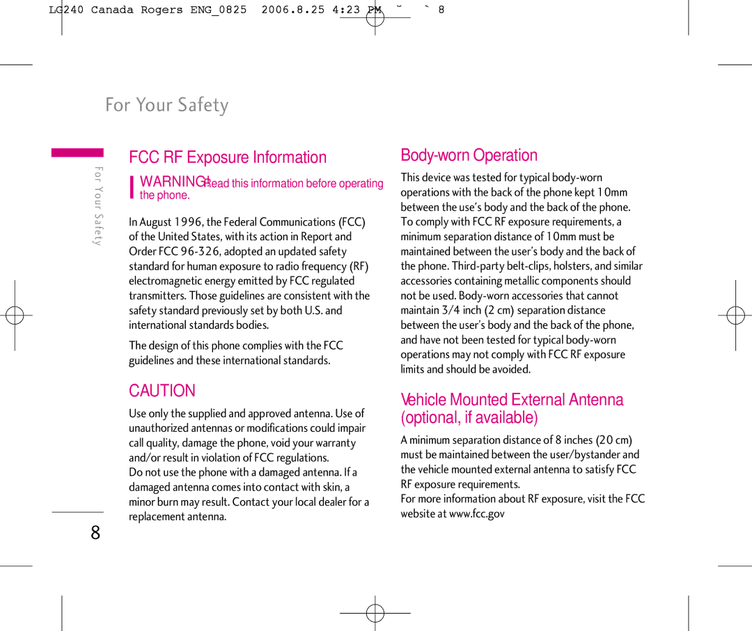 LG Electronics 240 manual For Your Safety, FCC RF Exposure Information, Body-worn Operation 