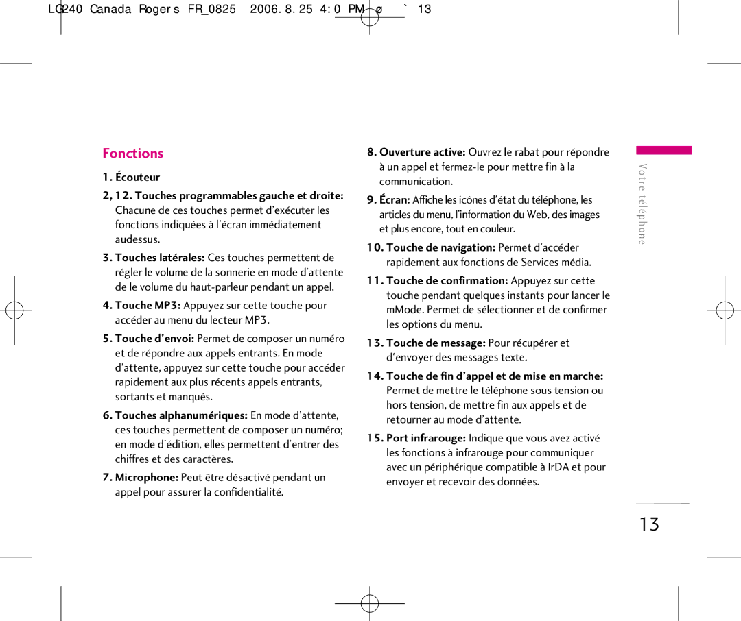 LG Electronics manual LG240 Canada Rogers FR0825 2006.8.25 40 PM ˘`13, Écouteur 