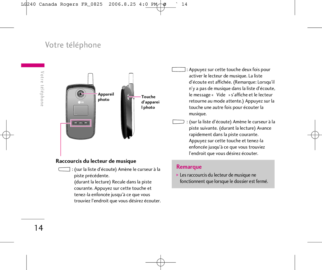 LG Electronics manual Votre téléphone, LG240 Canada Rogers FR0825 2006.8.25 40 PM ˘`14 