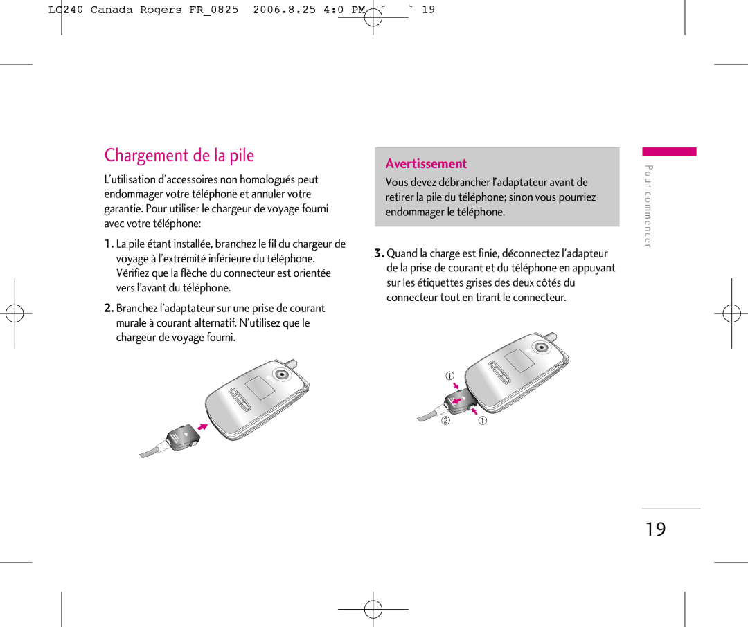 LG Electronics manual Chargement de la pile, LG240 Canada Rogers FR0825 2006.8.25 40 PM ˘`19 