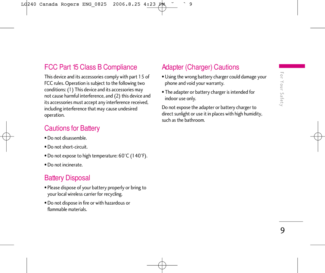 LG Electronics 240 manual FCC Part 15 Class B Compliance, Battery Disposal, Adapter Charger Cautions 