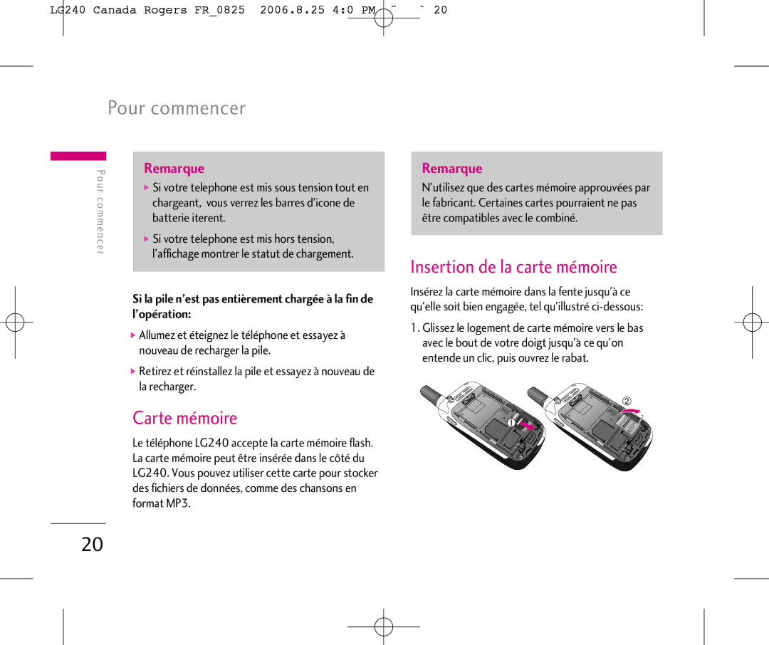 LG Electronics manual Carte mémoire, Insertion de la carte mémoire, LG240 Canada Rogers FR0825 2006.8.25 40 PM ˘`20 