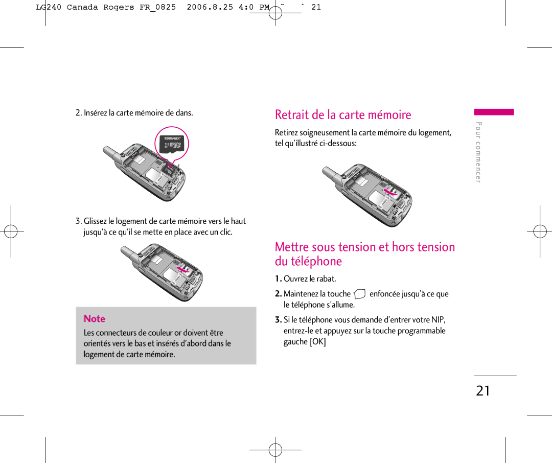 LG Electronics 240 manual Retrait de la carte mémoire, Mettre sous tension et hors tension du téléphone 