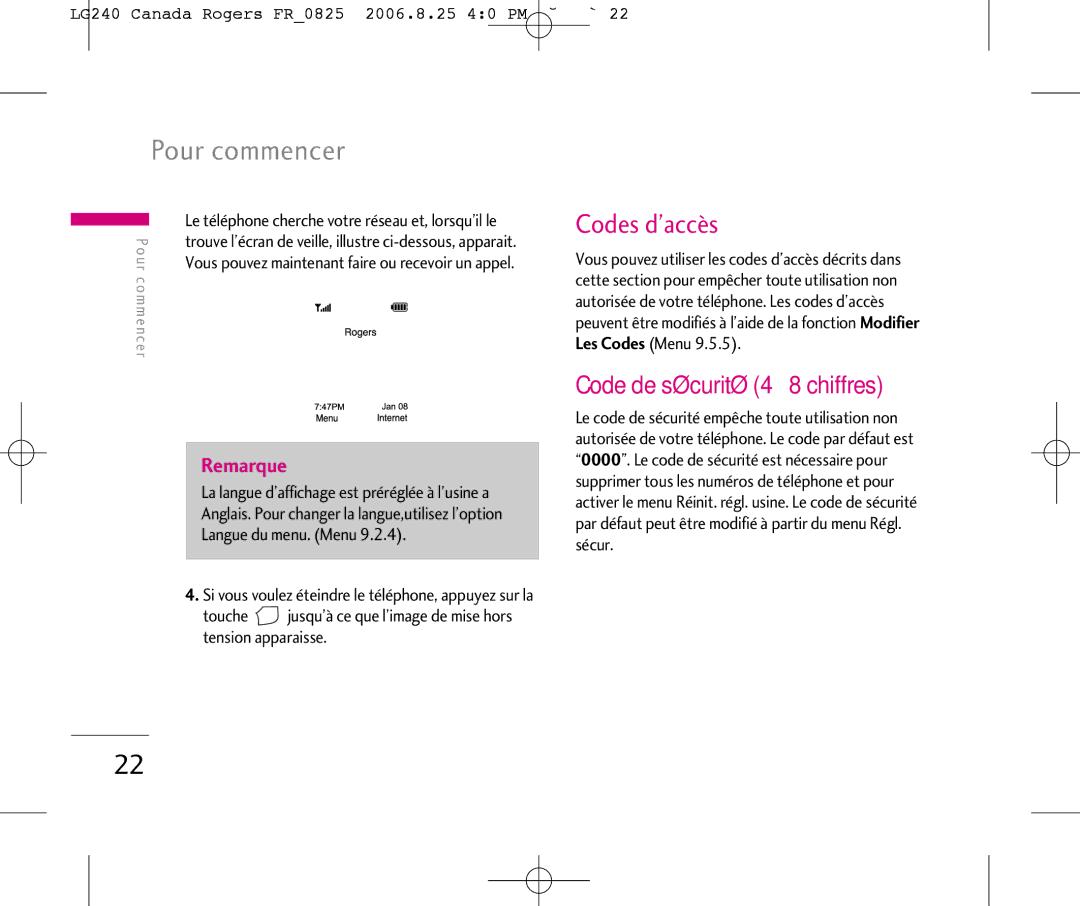 LG Electronics manual Codes d’accès, Code de sécurité 4 à 8 chiffres, LG240 Canada Rogers FR0825 2006.8.25 40 PM ˘`22 