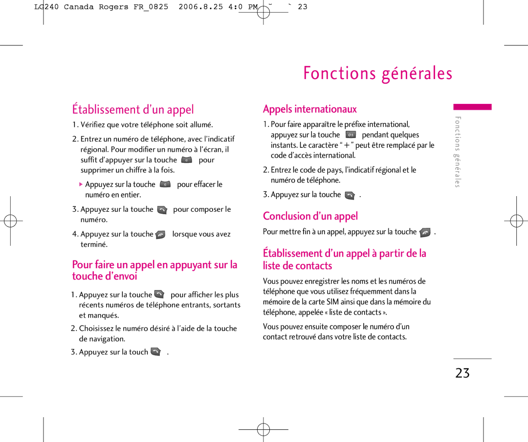 LG Electronics 240 Fonctions générales, Établissement d’un appel, Pour faire un appel en appuyant sur la touche d’envoi 