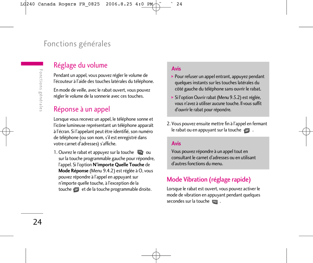 LG Electronics 240 manual Fonctions générales, Réglage du volume, Réponse à un appel, Mode Vibration réglage rapide 