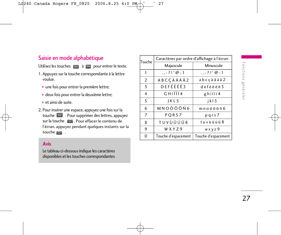 LG Electronics manual Saisie en mode alphabétique, LG240 Canada Rogers FR0825 2006.8.25 40 PM ˘`27, Touche, Minuscule 