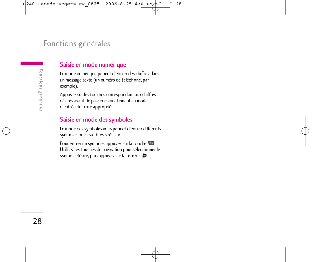 LG Electronics Saisie en mode numérique, Saisie en mode des symboles, LG240 Canada Rogers FR0825 2006.8.25 40 PM ˘`28 
