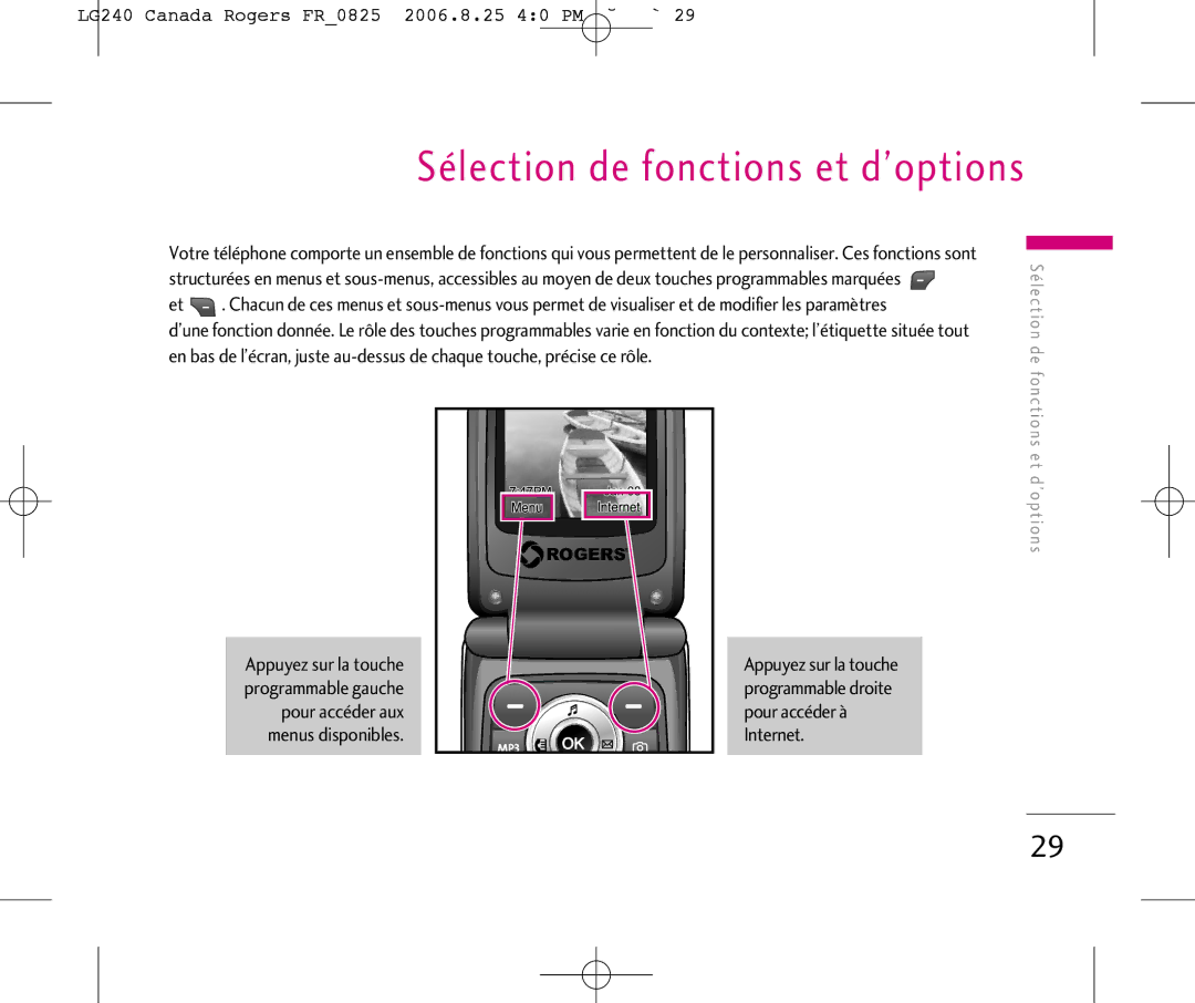 LG Electronics manual Sélection de fonctions et d’options, LG240 Canada Rogers FR0825 2006.8.25 40 PM ˘`29 