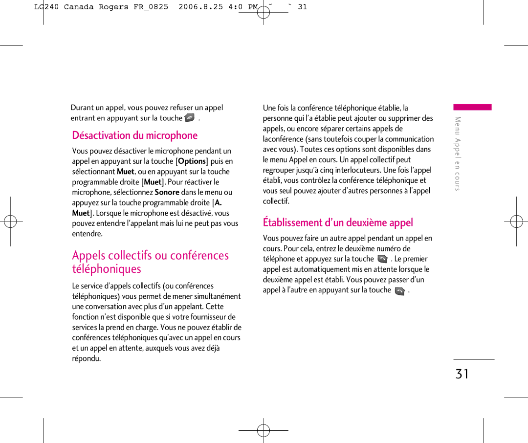 LG Electronics 240 manual Appels collectifs ou conférences téléphoniques, Désactivation du microphone 