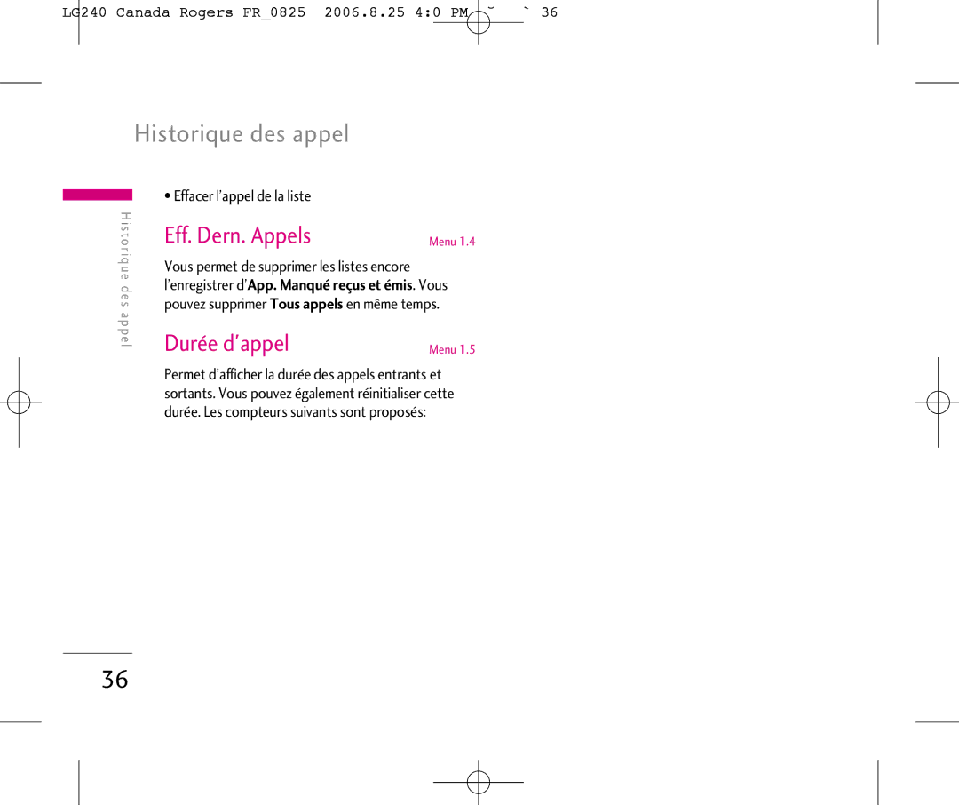 LG Electronics Historique des appel, Eff. Dern. Appels, Durée dappel, LG240 Canada Rogers FR0825 2006.8.25 40 PM ˘`36 