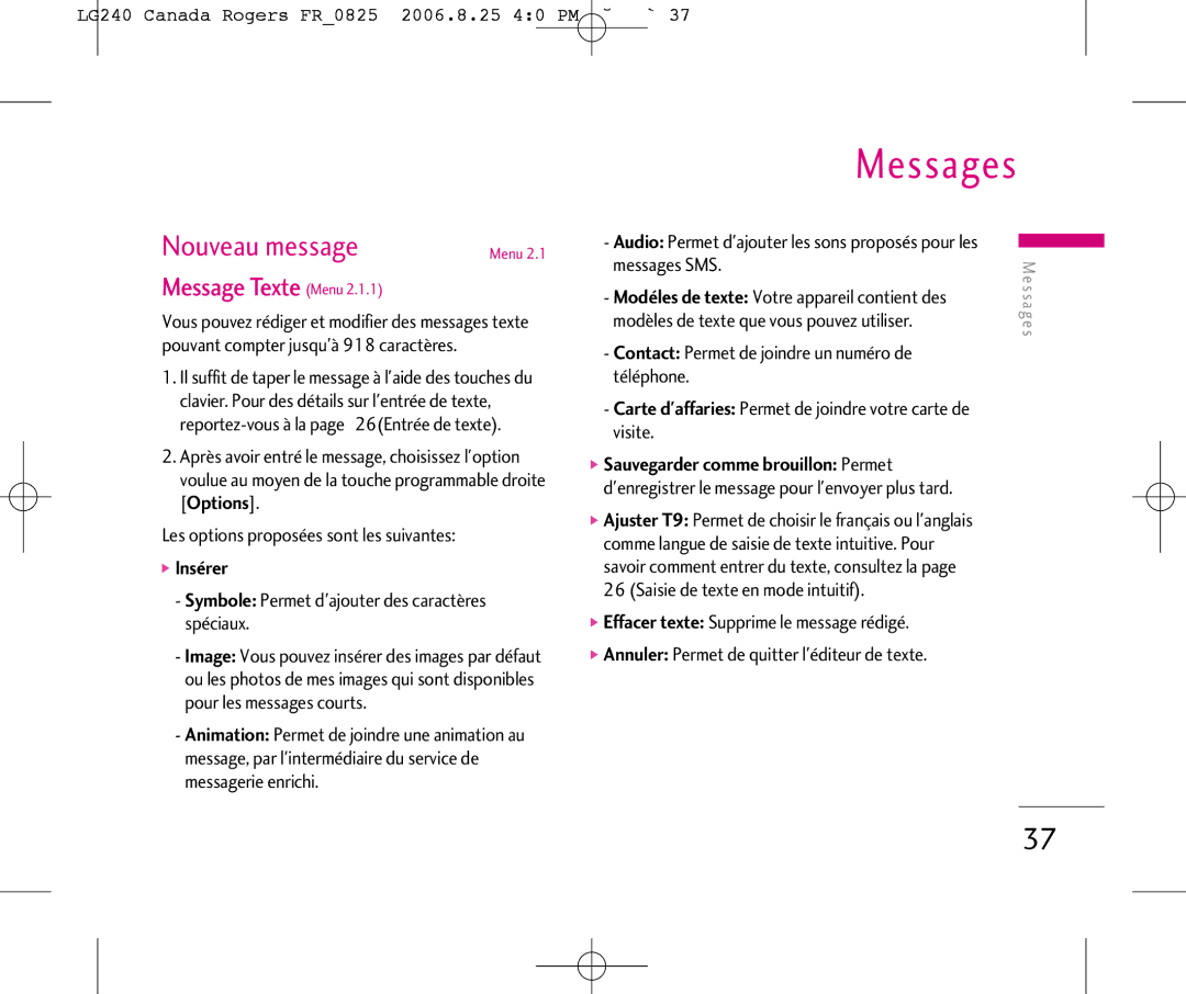 LG Electronics manual Nouveau message, Message Texte Menu, LG240 Canada Rogers FR0825 2006.8.25 40 PM ˘`37, Insérer 