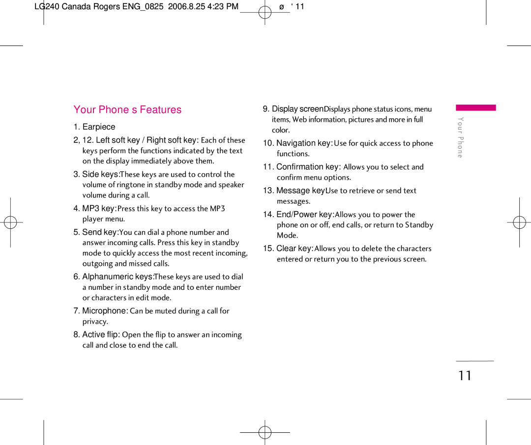 LG Electronics manual LG240 Canada Rogers ENG0825 2006.8.25 423 PM ˘`11, Earpiece 