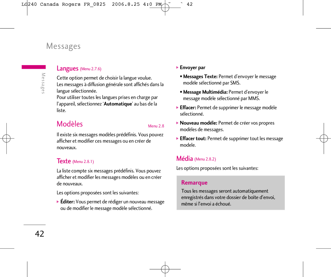 LG Electronics manual Modèles, LG240 Canada Rogers FR0825 2006.8.25 40 PM ˘`42, Envoyer par 