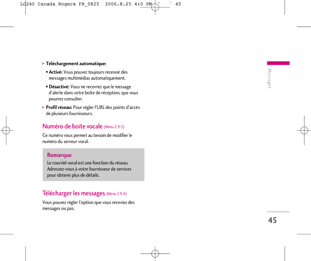 LG Electronics 240 manual Numéro de boíte vocale Menu, Télécharger les messages Menu, Téléchargement automatique 