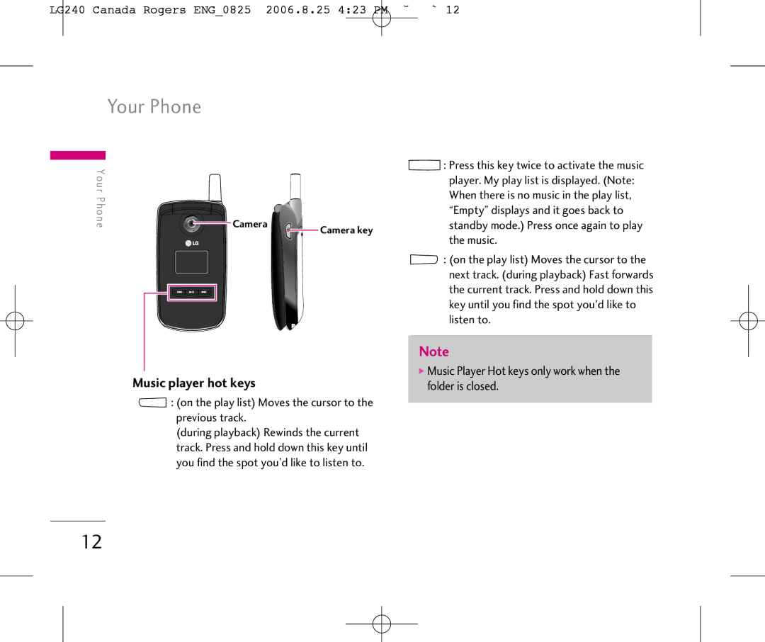 LG Electronics manual Your Phone, LG240 Canada Rogers ENG0825 2006.8.25 423 PM ˘`12, Music 