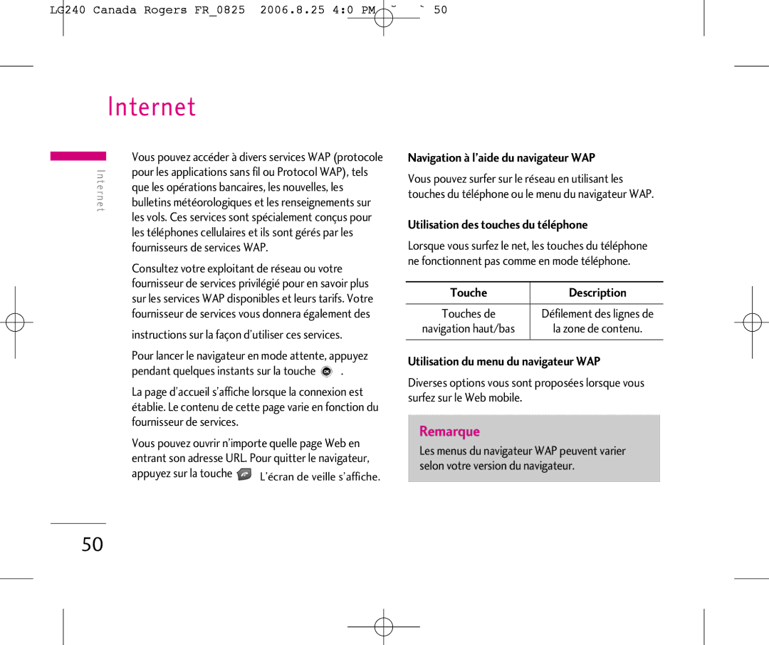 LG Electronics manual LG240 Canada Rogers FR0825 2006.8.25 40 PM ˘`50, Navigation à l’aide du navigateur WAP 