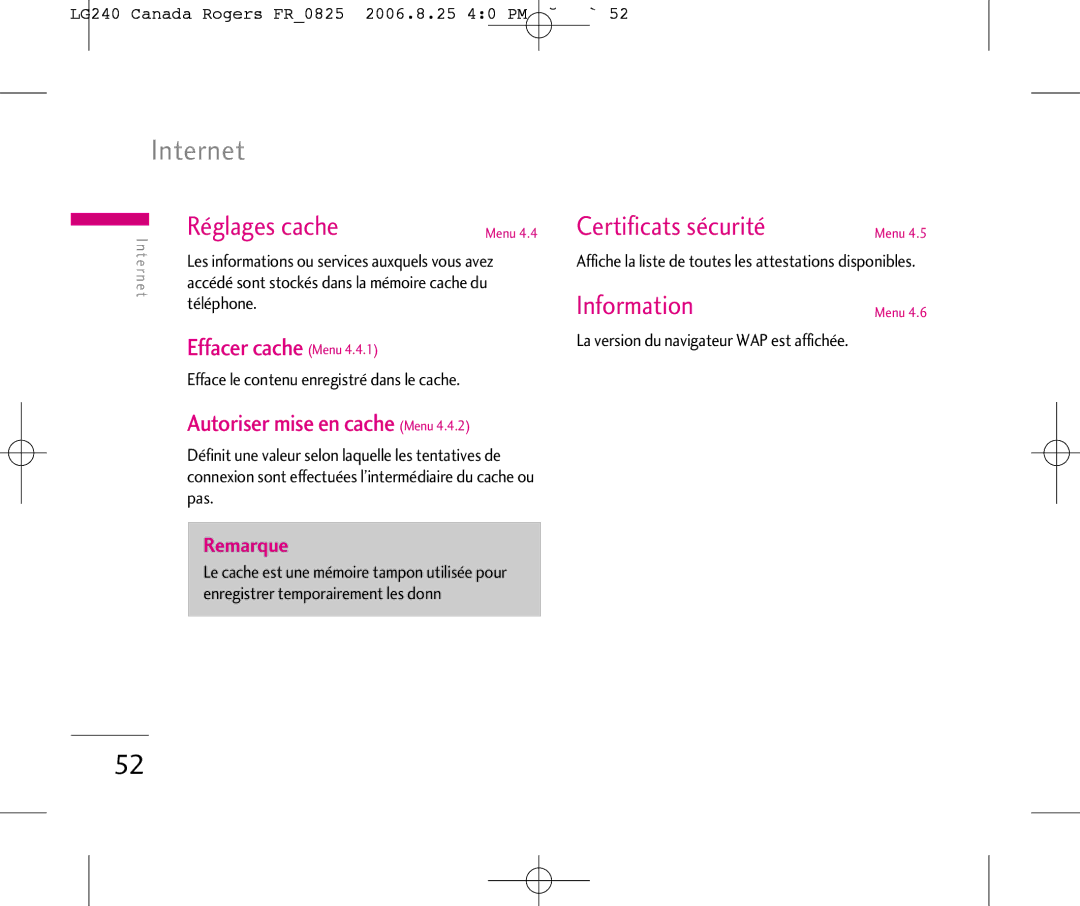 LG Electronics 240 manual Réglages cache, Certificats sécurité, Effacer cache Menu, Autoriser mise en cache Menu 
