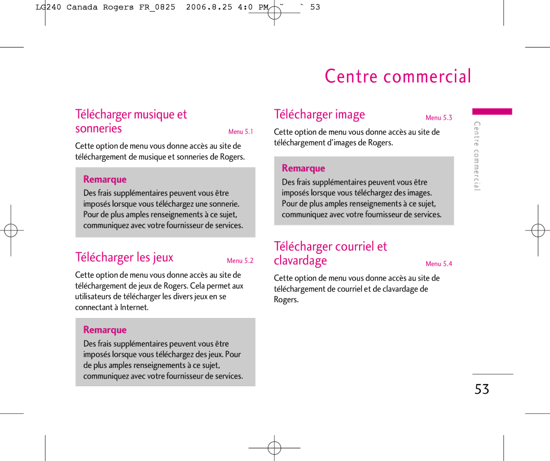 LG Electronics 240 manual Centre commercial, Télécharger musique et Sonneries, Télécharger image, Télécharger les jeux 